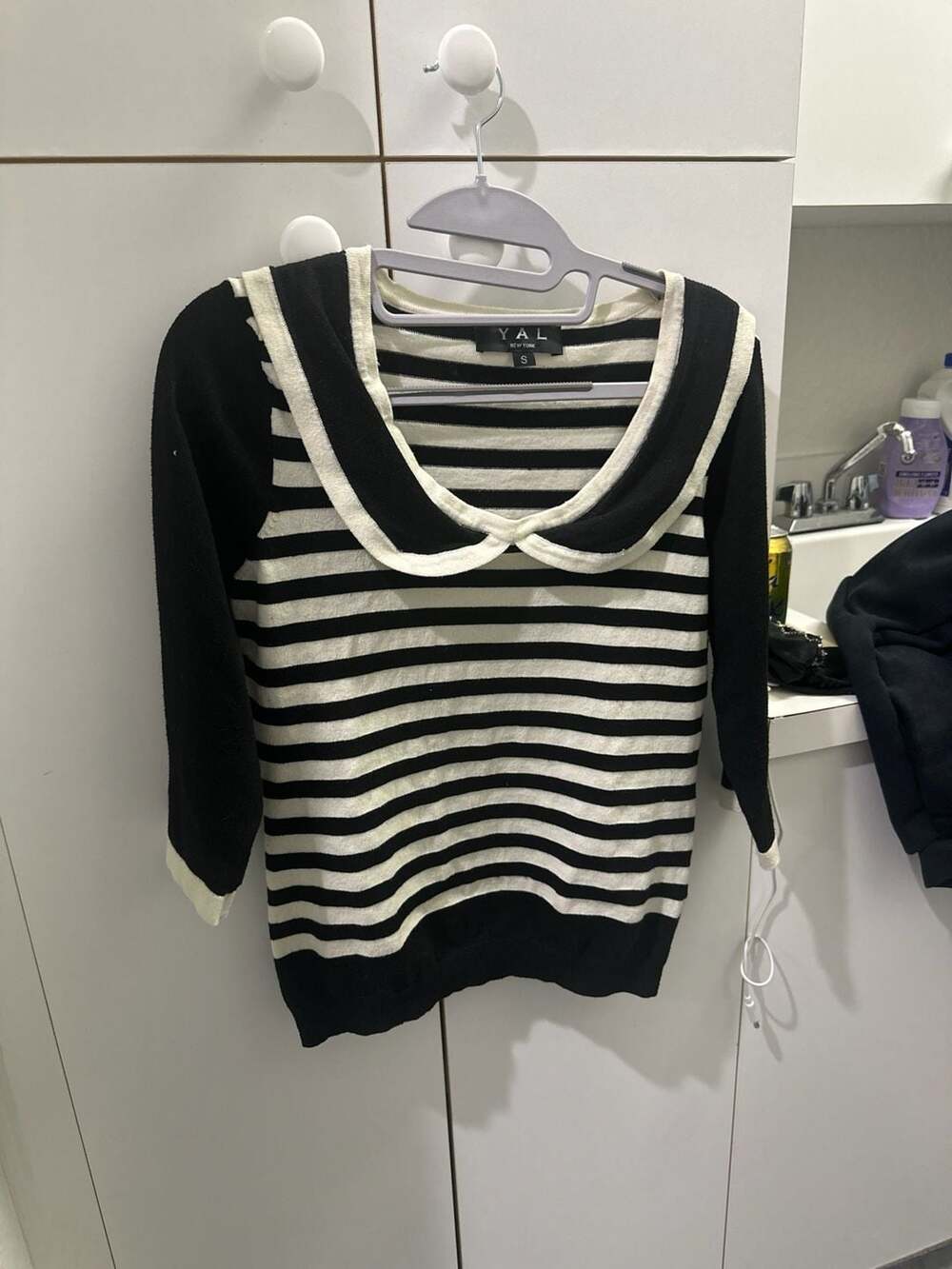 YAL New York Black and White Striped Peter Pan Collar Knit Top Size S